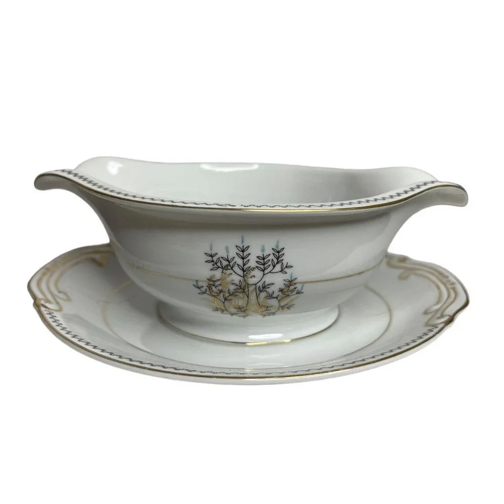Late In Autumn Gravy Boat Attached Plate By Fine‎ China Of Japan Gold Gild Trim